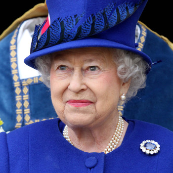 Queen wearing a blue hat